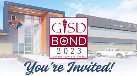 A side-view of the new SHS Multi-Program Activity Center with the Bond 2023 logo overlaid and text reading "You're Invited!".